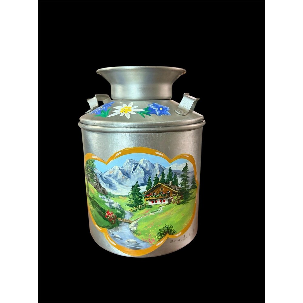 Hand Painted Metal Milk Can Alpine Chalet Mountain Folk Art Decor Signed 7.5”